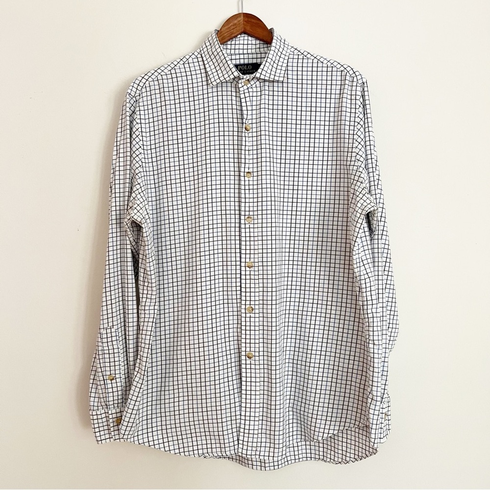 Polo Ralph Lauren Mens Plaid Long Sleeve Button Up Shirt Large White Blue Preppy